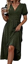 Women's Elegant V-Neck Short Sleeve Pleated High Waist Summer Holiday Beach Dress