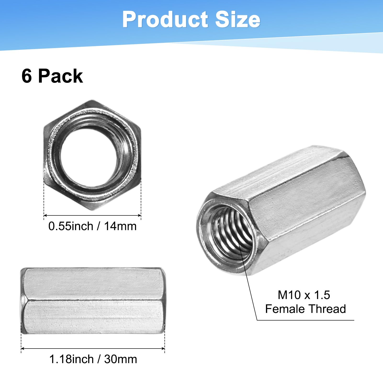 M METERXITY 6-Pack M10 x 1.5-Pitch Hex Coupling Nuts - Image 3