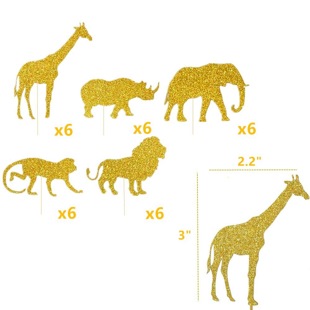 JeVenis 30 Pcs Gold Glitter Jungle Safari Animal Cupcake Toppers Jungle