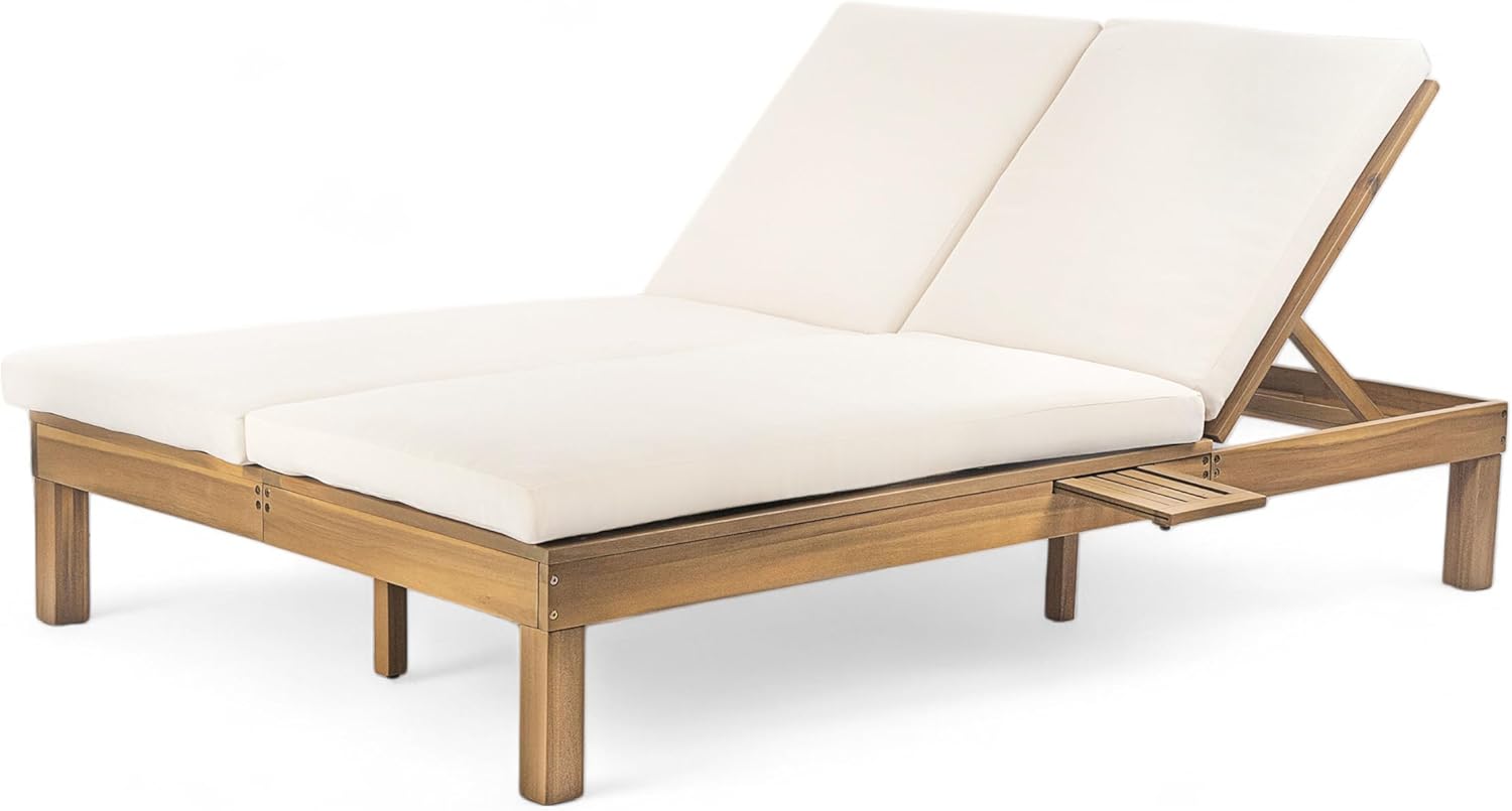 Merax Double Chaise Lounge Outdoor, 2-Person Acacia Wood Patio Daybed with 5-Position Adjustable Backrest and Folding Side Trays, Outside Furniture with Thick Cushions for Porch Poolside Garden,Teak