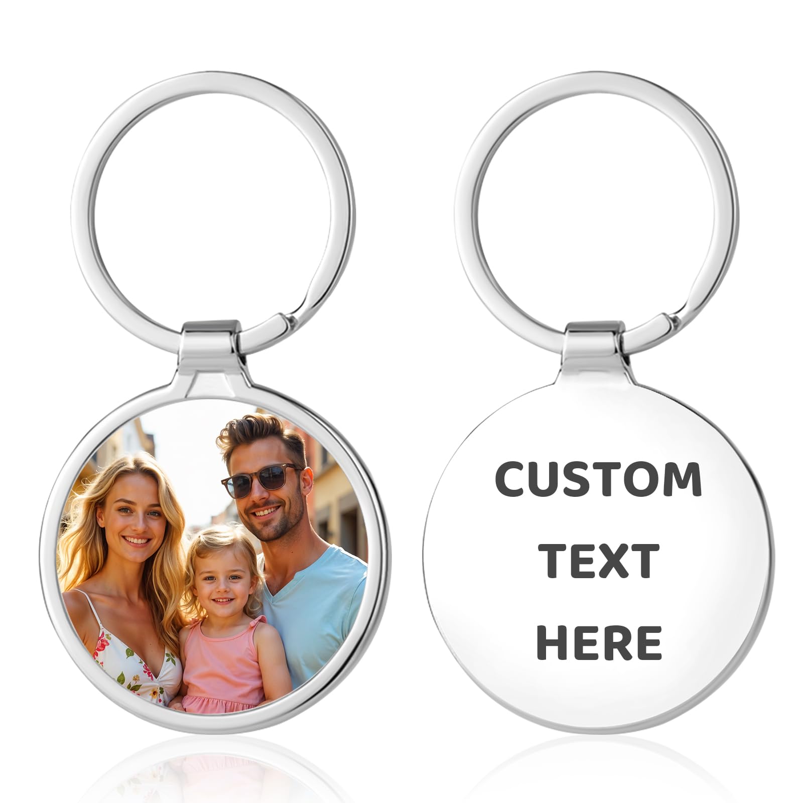 BEXOA Personalised Keyring Photo - Custom Double Sided keyrings with Picture Text, Personalised Christmas, Birthday, Father's Day, Mother's Day Gifts for Men Women (Round - photo & text)