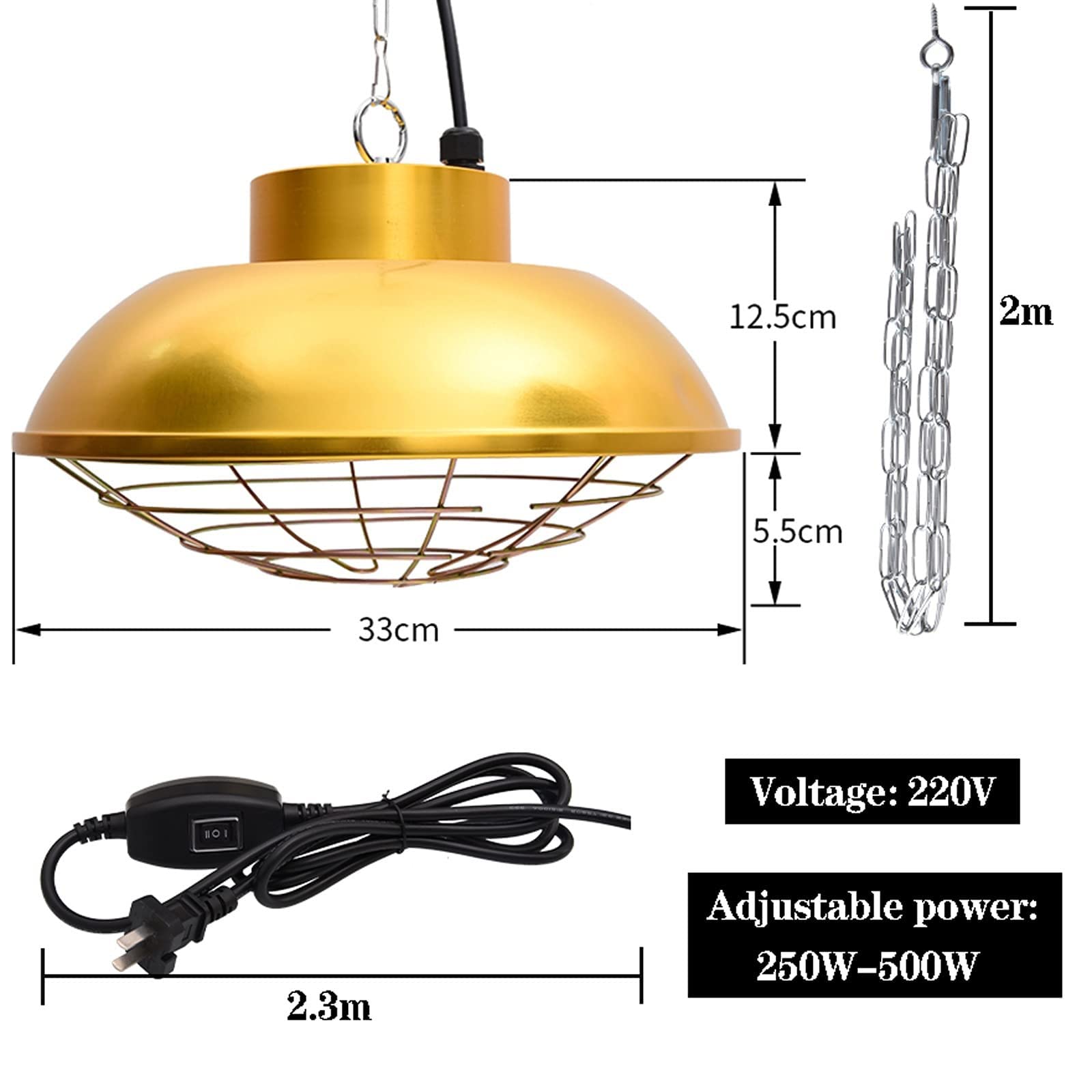 Lampada Riscaldante a Infrarossi per Pollame, Lampada Riscaldante per Pulcini, Lampada Riscaldante per Canili per Cuccioli 250-500W per Allevamento e Famiglia, Alta e Bassa Temperatura Regolabile