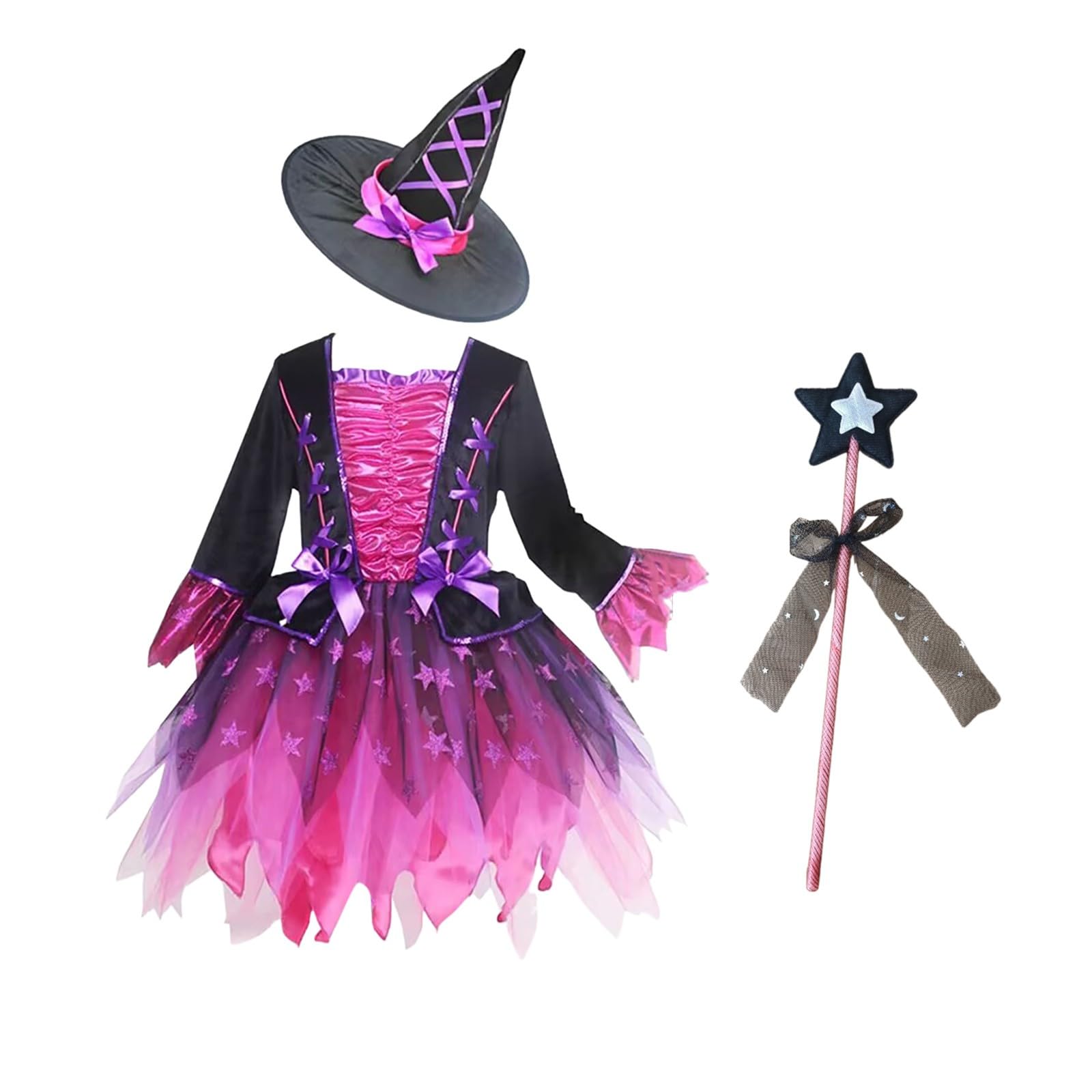 Witch Costume Kids Girls Halloween Costumes for Kids Witches Costumes 4 Pcs Set Dresses with Wizard Hat, Bag and Magic Wand Carnival Outfits Wizard Outfit for Dress Up Party Role Playing Cosplay Pink