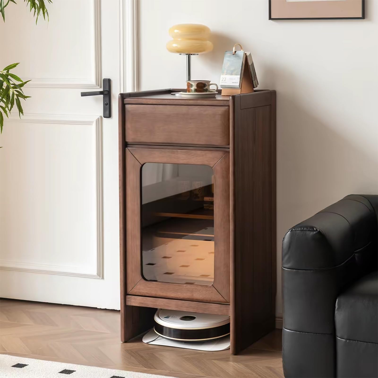 FNXBDPA Robot Vacuum Stand Cabinet, Wooden Storage Stand, Hidden End Table with Wheels