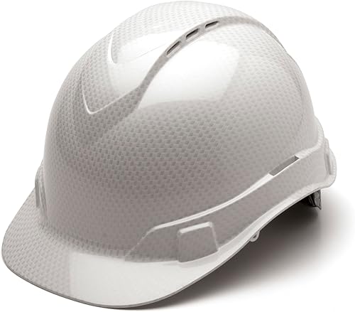 PYRAMEX Ridgeline Cap Style Hard Hat, Vented, 4-Point Ratchet Suspension, Shiny White Graphite Pattern