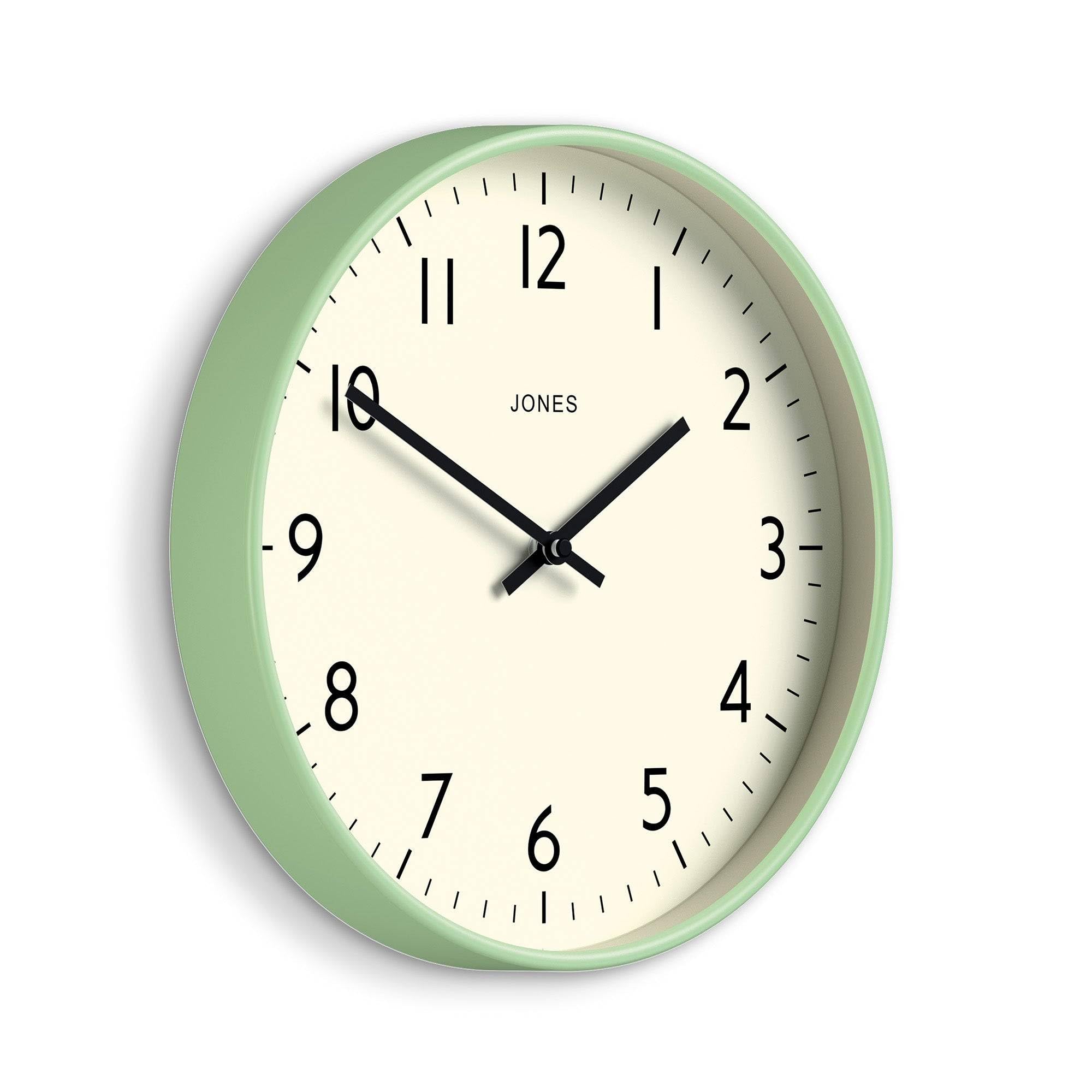 Jones Clocks Neo Mint Green Jones Clocks® Studio Wall Clock | Modern Round Style | 30Cm | | Easy To Read Numbers | Versatile Design For Kitchen, Living Room Or Office