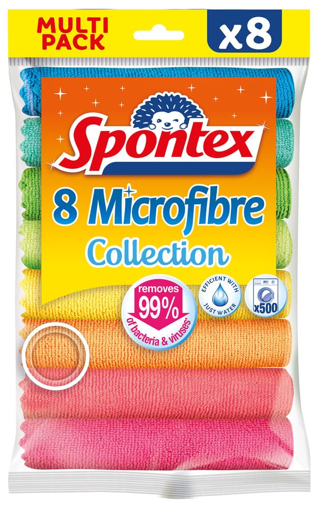 Spontex Microfibre Cloths for Cleaning | 8 Microfibre Collection Cleaning Cloths | For Use as Dusters, Dish Cloths & Kitchen Towels | 30 x 30cm | Assorted Colours | 8 Count