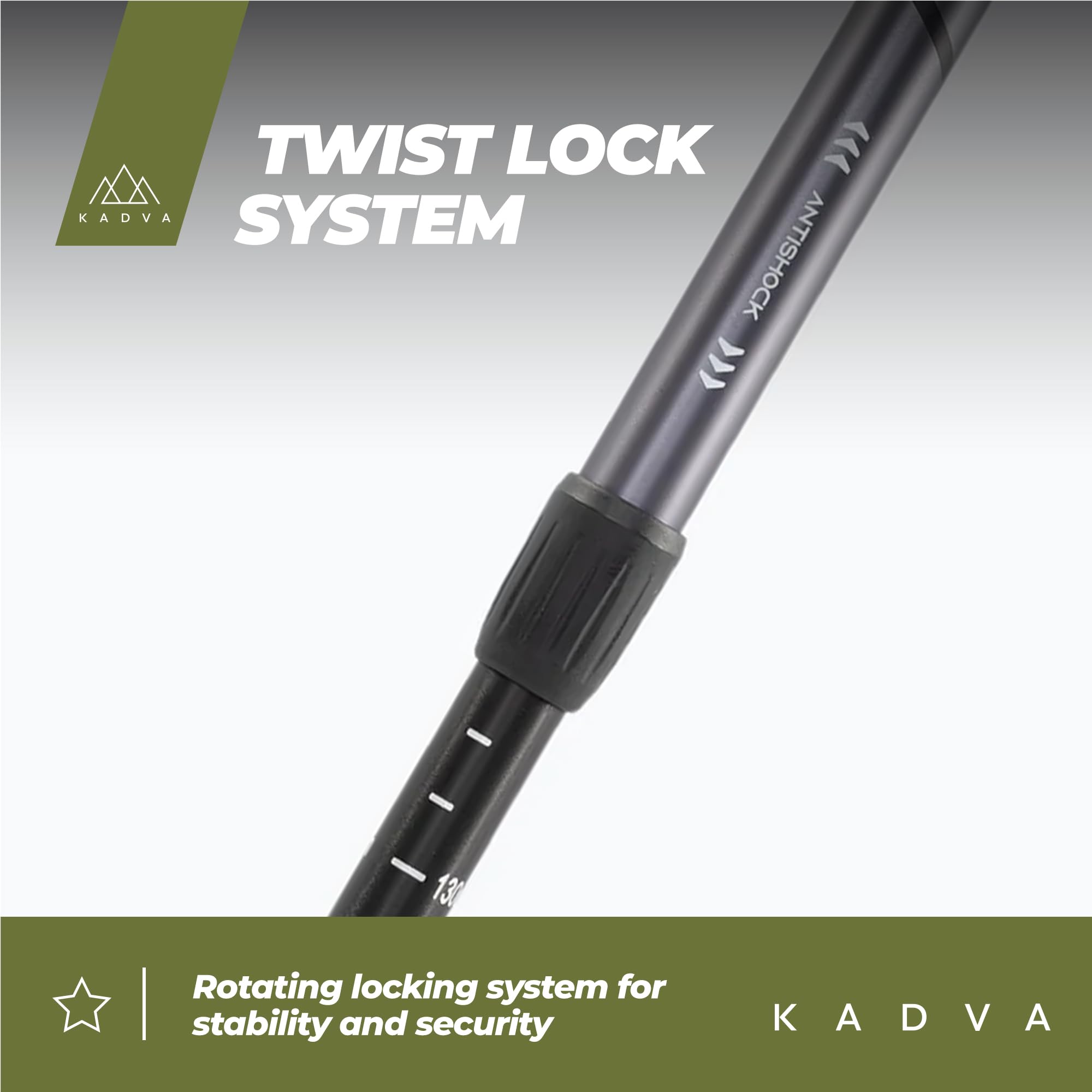 KADVA Bastoncini da Nordic Walking ARUKU in Nero, misura regolabile 83-135 cm Sistema Twist Lock che garantisce stabilità e sicurezza Riduzione delle vibrazioni Punta in acciaio
