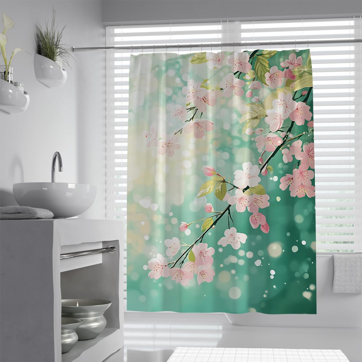 UIRINGART Elegant Sakura Blossom Shower Curtain W200xL200cm Pink Flower Green Background Anti Mould Waterproof Bathroom Curtain Walk In Shower With Hooks