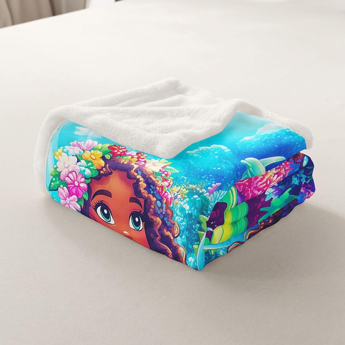 Feelyou Cute Mermaid Fleece Throw Blanket African Mermaid Blanket for Kids Adult Boys Girls Ocean World Plush Blanket Coralline Fuzzy Blanket for Sofa Bed Couch,Twin 60x80 Inches