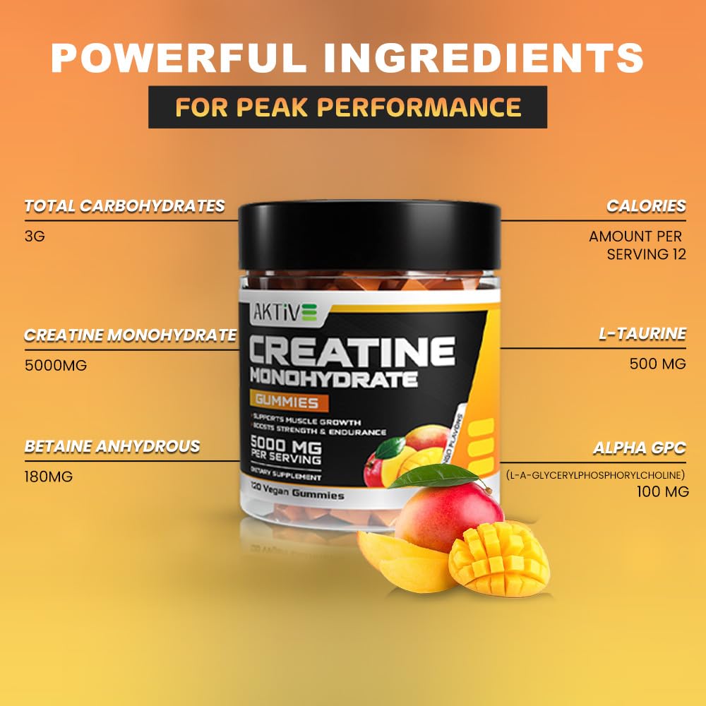 Amazon.com: Creatine Monohydrate Gummies, 5000mg of Creatine Per Serving  with Alpha-GPC & Taurine, Mango Flavor, Enhance Brain Function, Muscle  Growth Support, Pre Workout Gummies for Men and Women