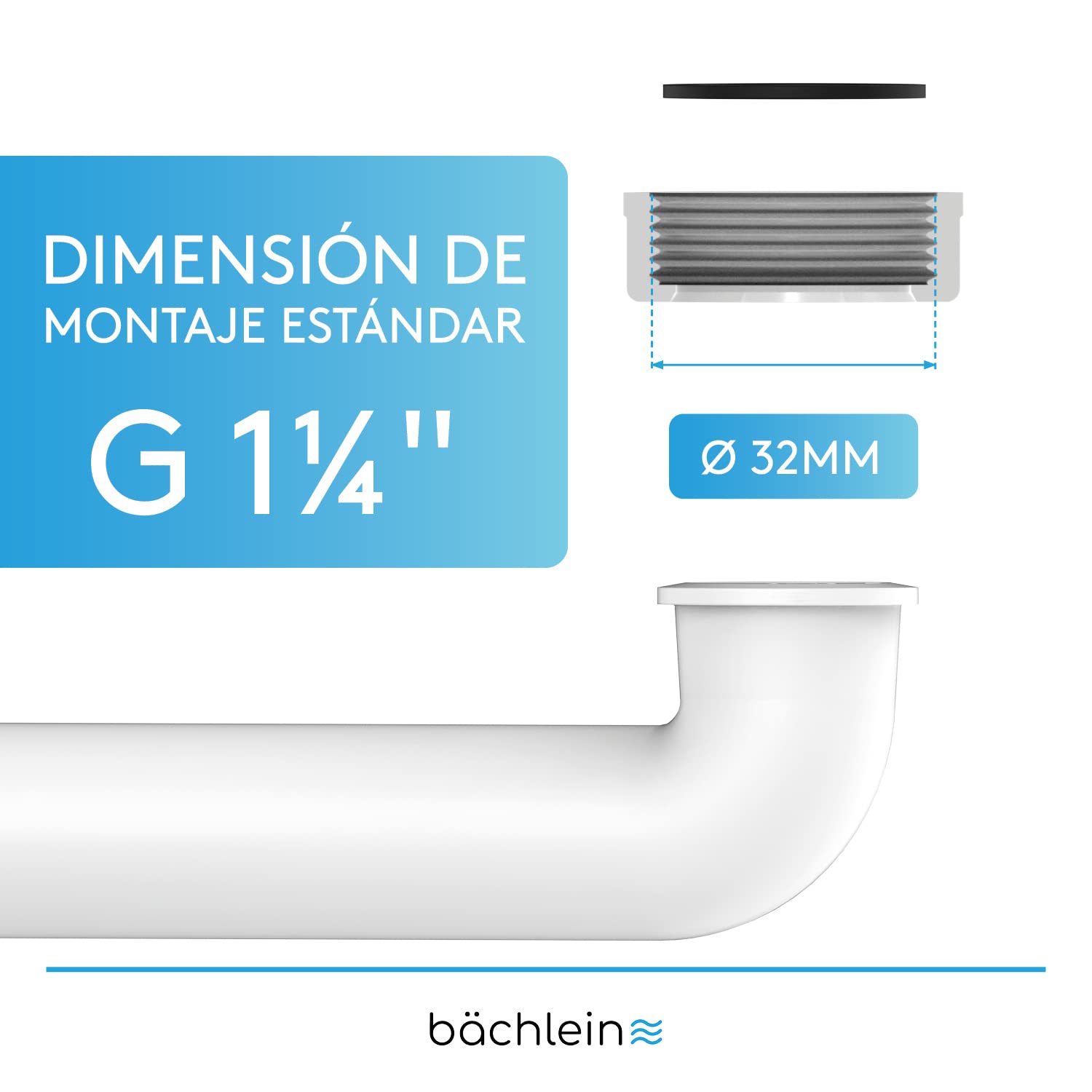 Bächlein G 1 1/4 Pulgadas Sifón de Ahorro de Espacio para el Baño - Sifón de Lavabo Plano de 32 mm - Sifón de Olores Baño - Made in Germany
