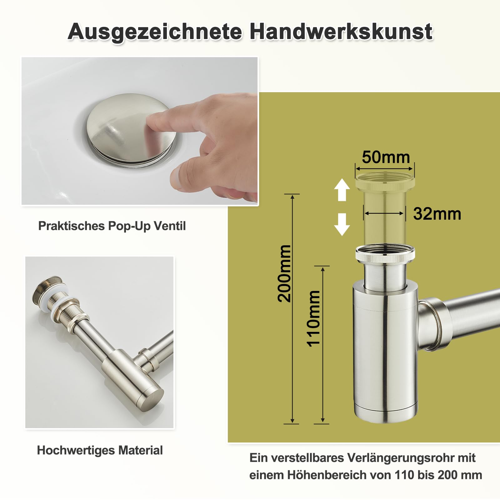 Sifón de diseño con desagüe sin rebosadero para lavabo, sifón universal para lavabo de baño, sifón de latón, sifón pop up, desagüe de lavabo, níquel cepillado
