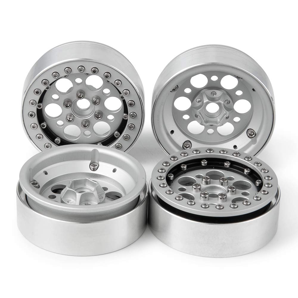 QUE-T 1.9inch RC Rock Crawler Metal Beadlock Wheel Rims for TRX4 SCX10 90046 D90 Pack of 4 (Silver + Black)