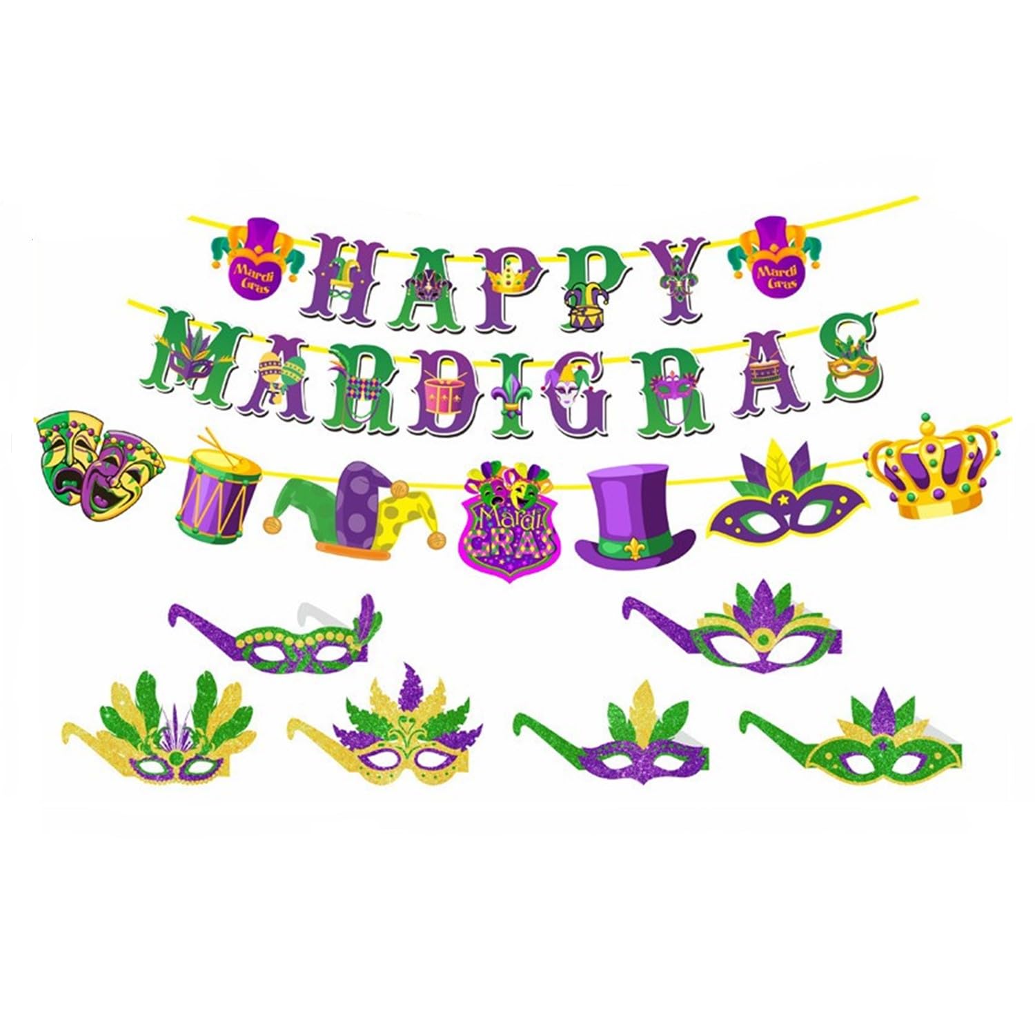 Mardi Gras Party Decorations, 8Pcs Mardi Gras Party Supplies, Happy Mardi Gras Banner and Garland Decor for New Orleans Mardi Gras Masquerade Party Decorations
