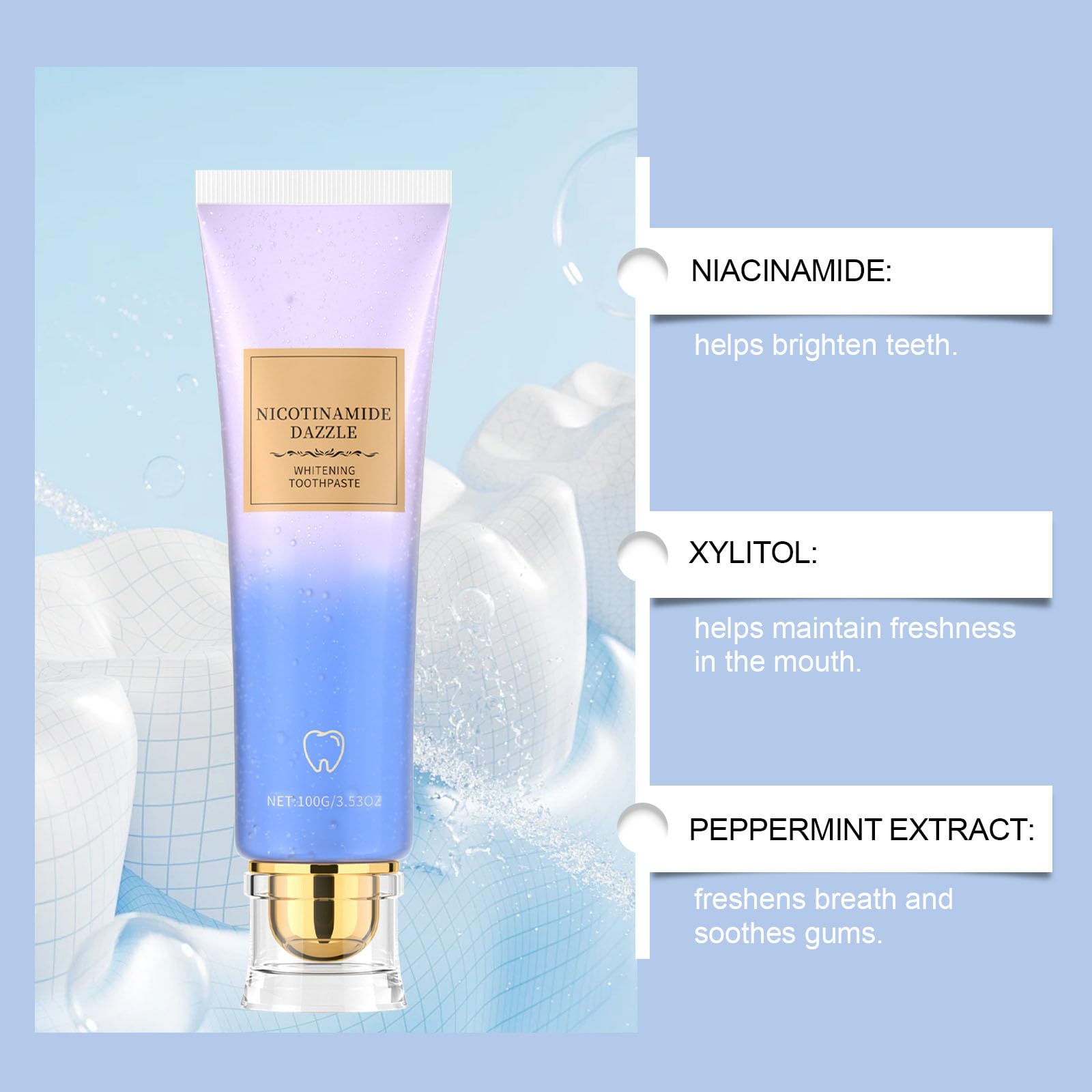 Dentifricio sbiancante con niacinamide, dentifricio rigenerante per gengive e smalto, naturale e delicato per alito fresco, denti brillanti, rimuove le macchie, senza fluoruro (4)