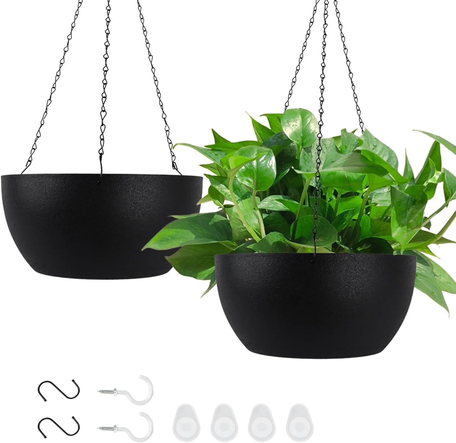 vensovo 12 Inch Large Hanging Planters for Outdoor Plants - 2 Pcs Plastic Hang Planter Flower Pot Baskets with Drainage Holes and Chain, Plant Pots for Home Garden Decor, Black