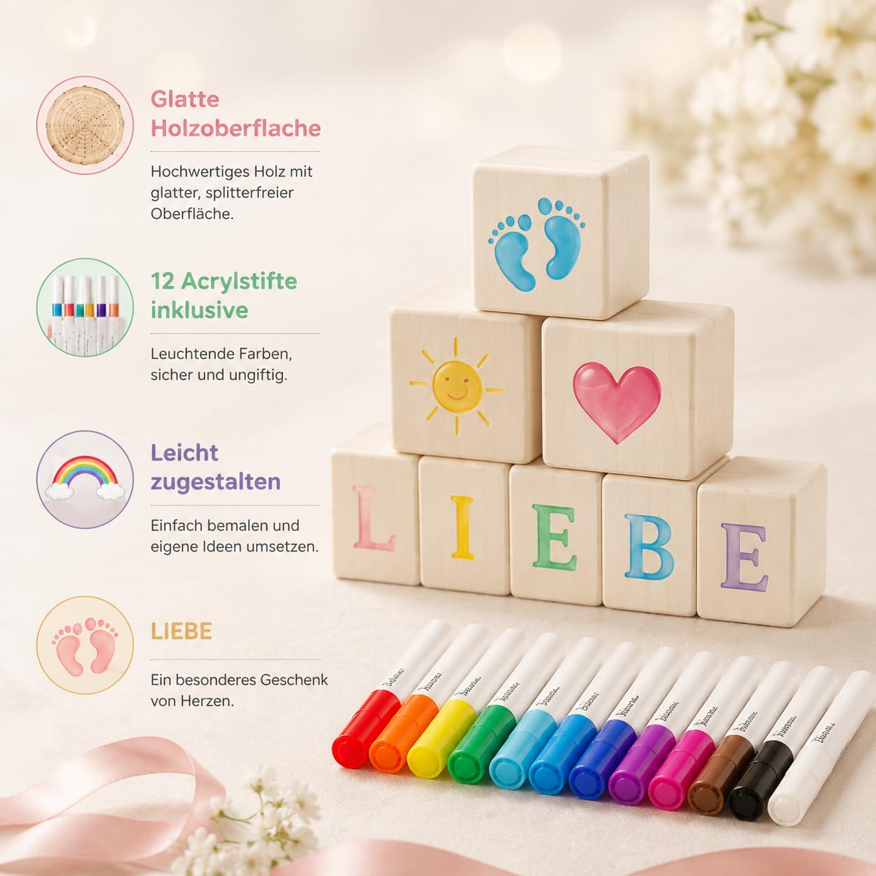 Juego de 102 juegos de baby shower, juegos de fiesta de bebé y revelación de género para invitados, con 48 cubos de madera blanca para pintar, 40 plantillas, 12 lápices, cartel de madera y caja de