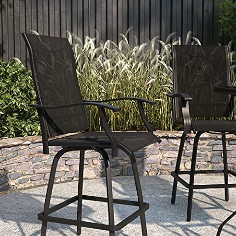 Merrick Lane Set of 2 Brett High Back Bar Height Swivel Patio Stools with Powder Coated Metal Frames and Black Textilene Upholstery Cover