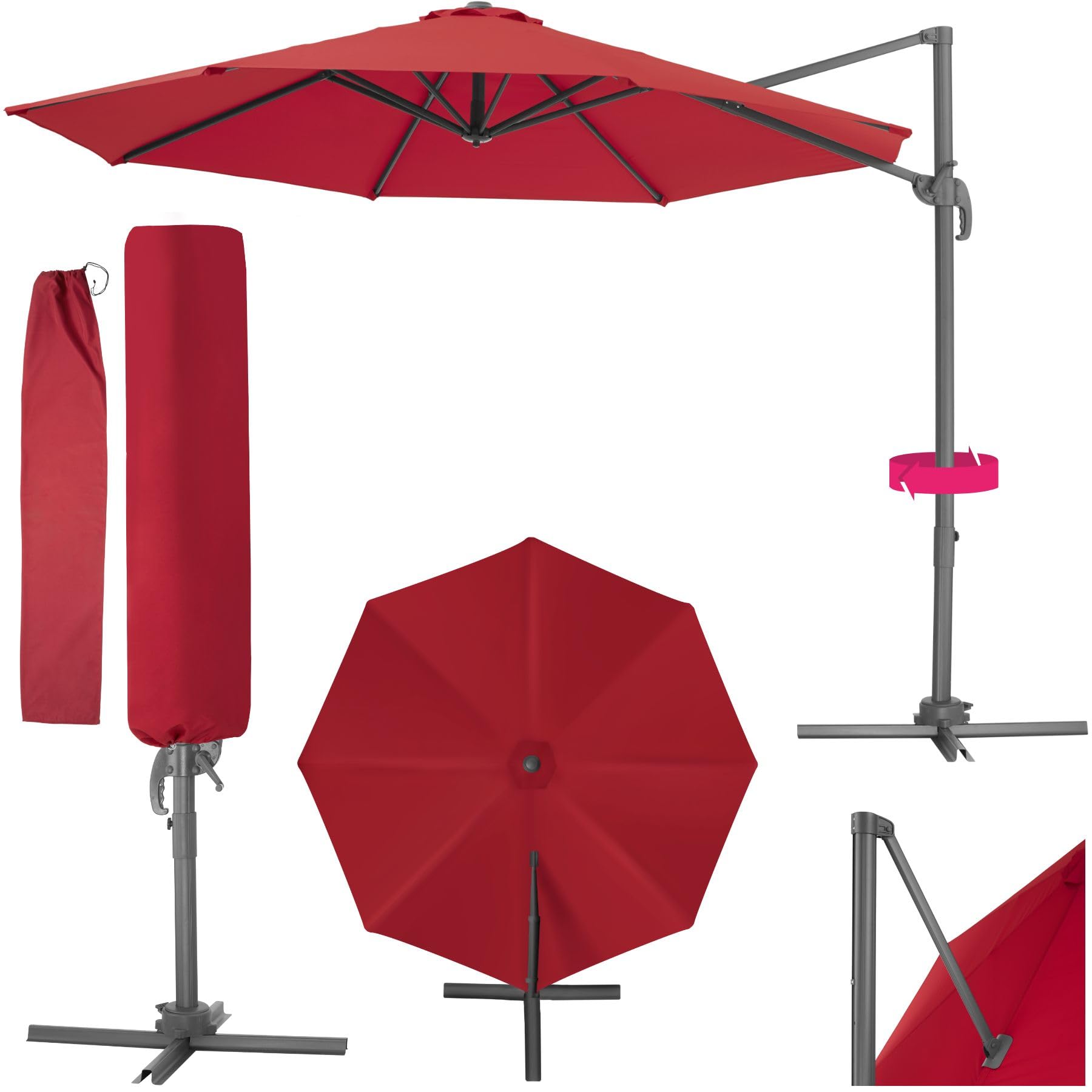 TecTake 800684 - Parasol Excéntrico de Jardín, Mástil de Aluminio con Manivela, Protección UV 50+, 6 Niveles de Inclinación, Ø 300 cm (Burdeos | No. 403135)