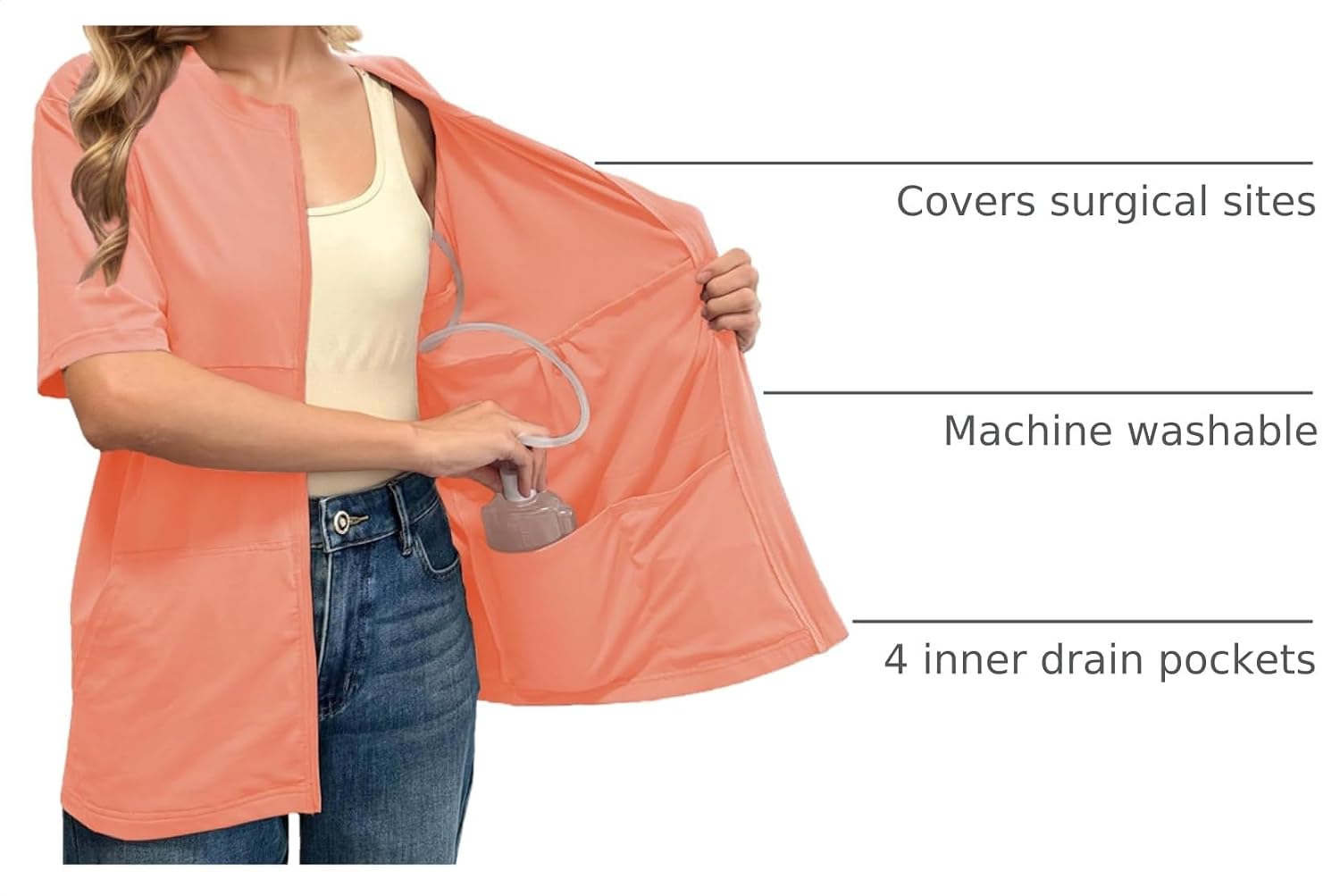 RAGEMALL Post Mastectomy Shirts with Drain Pockets Surgery Recovery Must Haves Clothing Comfy Front Zip Up Short Sleeve Tops image 4