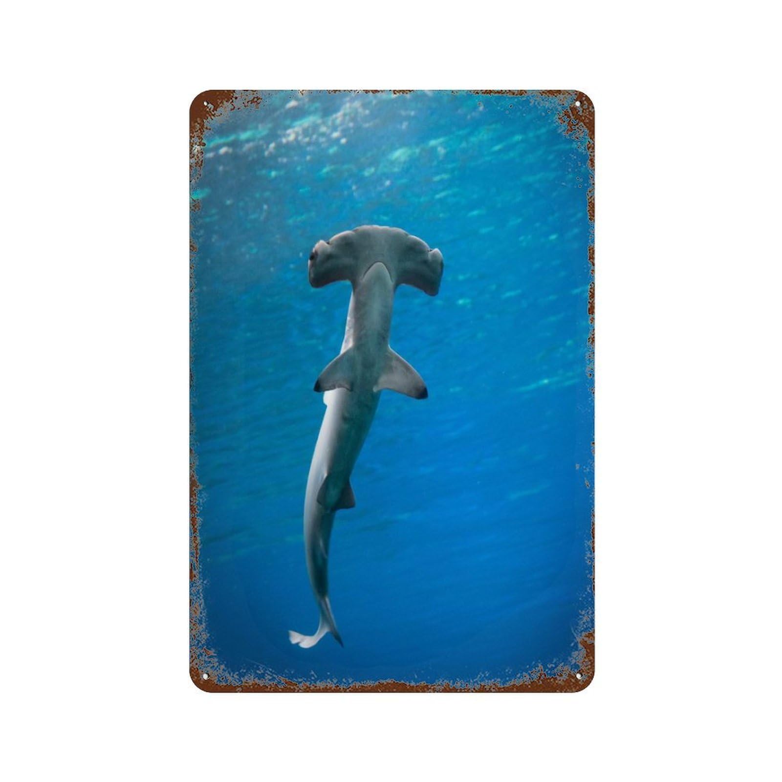 Hammerhead Shark in Blue Ocean Rust Effect Tin Sign 11.8"x7.9", Vintage Wall Decor for Pub, Kitchen And Man Cave Decor