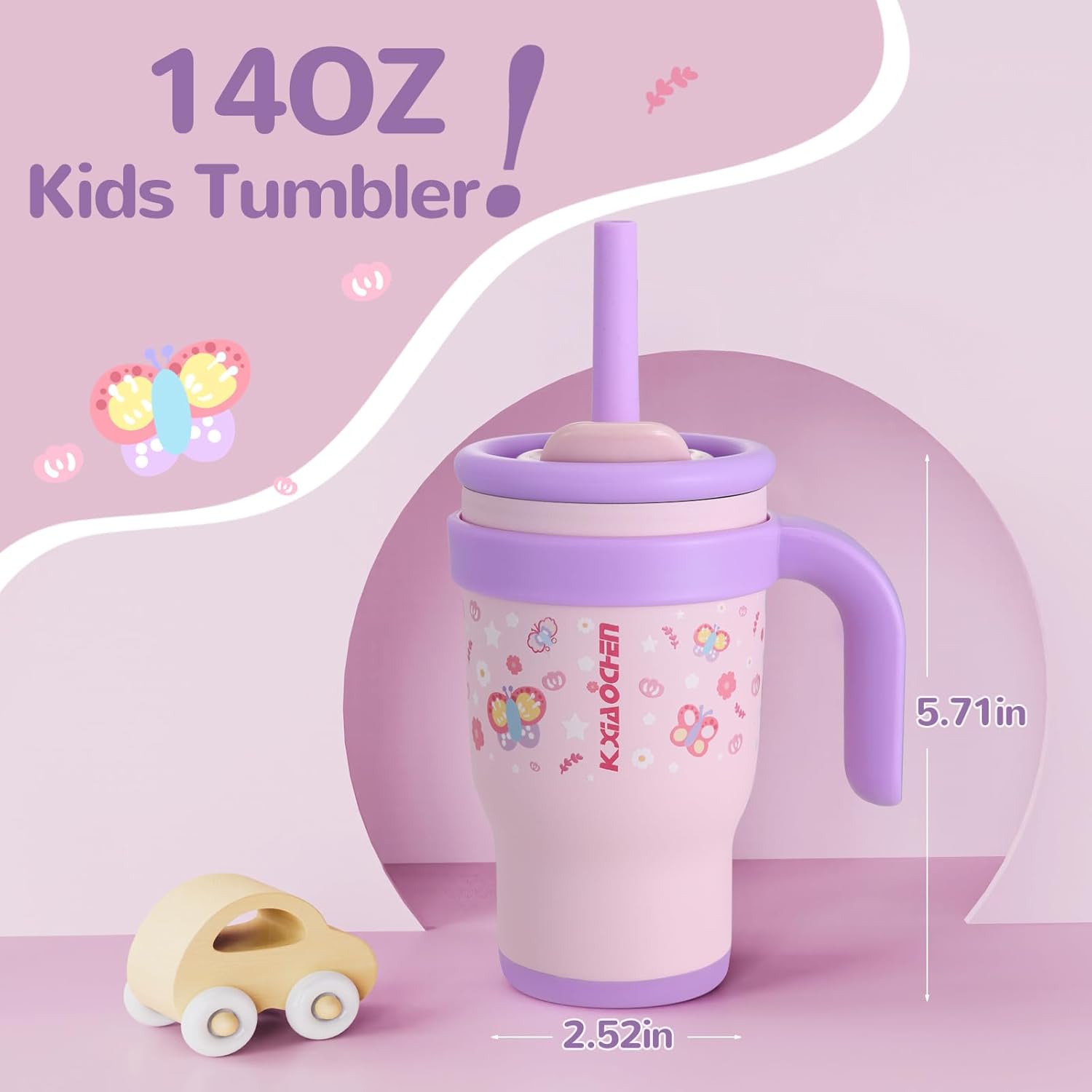KXIAOCHEN 14 oz Kids Tumbler with Handle for Spill Proof Insulated Stainless Steel Reusable Tumbler for Toddlers, Keeps Drinks Cold up to 24 Hrs,Unicorn+Butterfly2P - Image 2