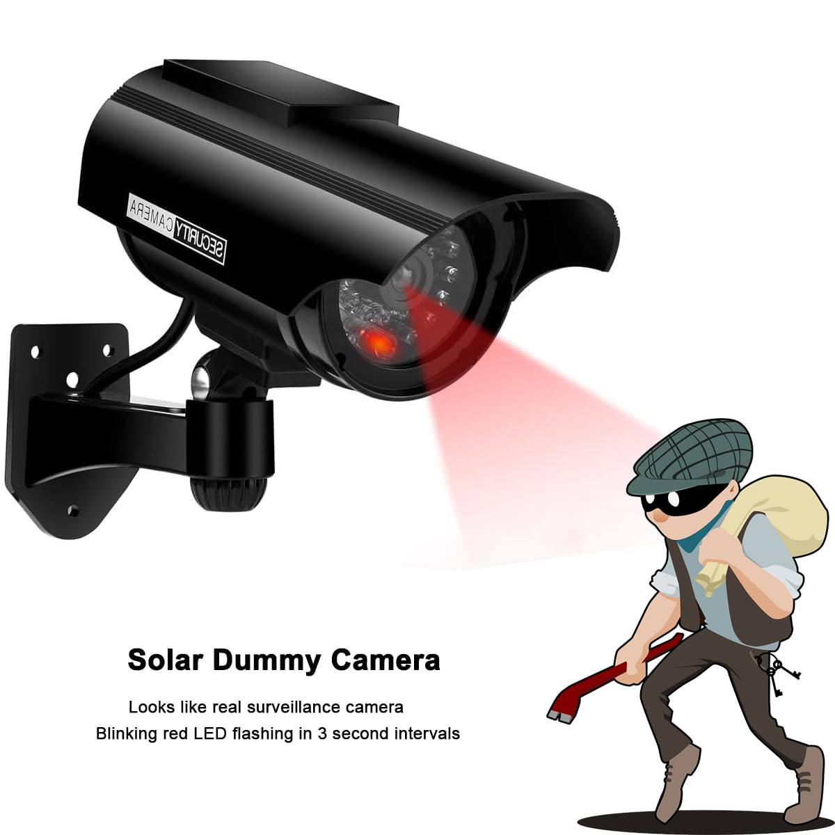 Cámara Ficticia CCTV con Energía Solar Cámara de Vigilancia Falsa Ficticia, Cámara de Vigilancia CCTV Falsa Realista con LED Parpadeante, para Interior y Exterior (Negro-2)
