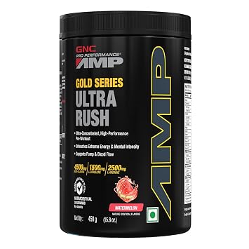 GNC AMP Gold Series Ultra Rush Pre-Workout | 450 gm | 30 Servings | Maximum Energy & Stamina | Deep Mental Focus | Powerful Muscle Pump | 4. at ₹1099 – Amazon