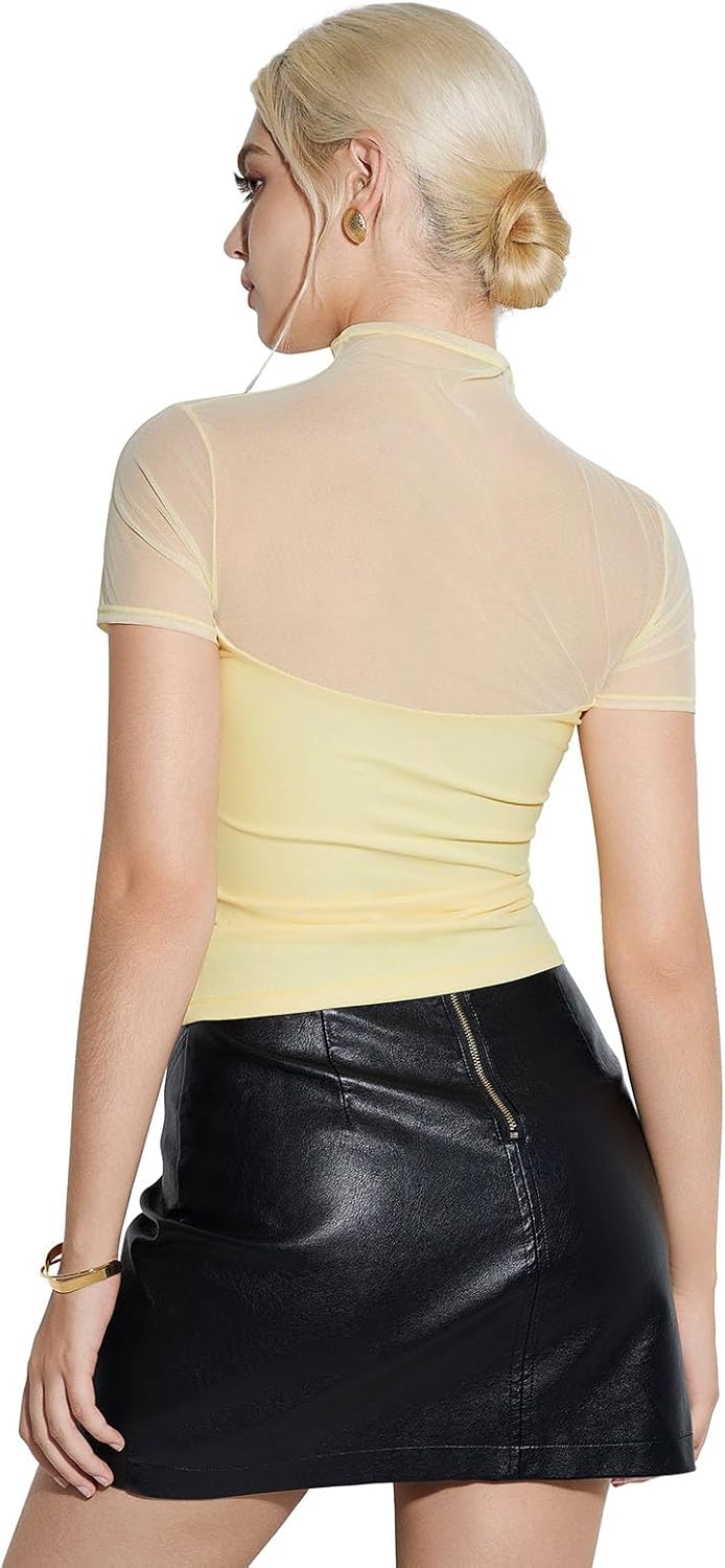 SUUKSESS Women Sexy Mesh Sheer Short Sleeve Tops Mock Neck Ruched Going Out Shirts - Image 3