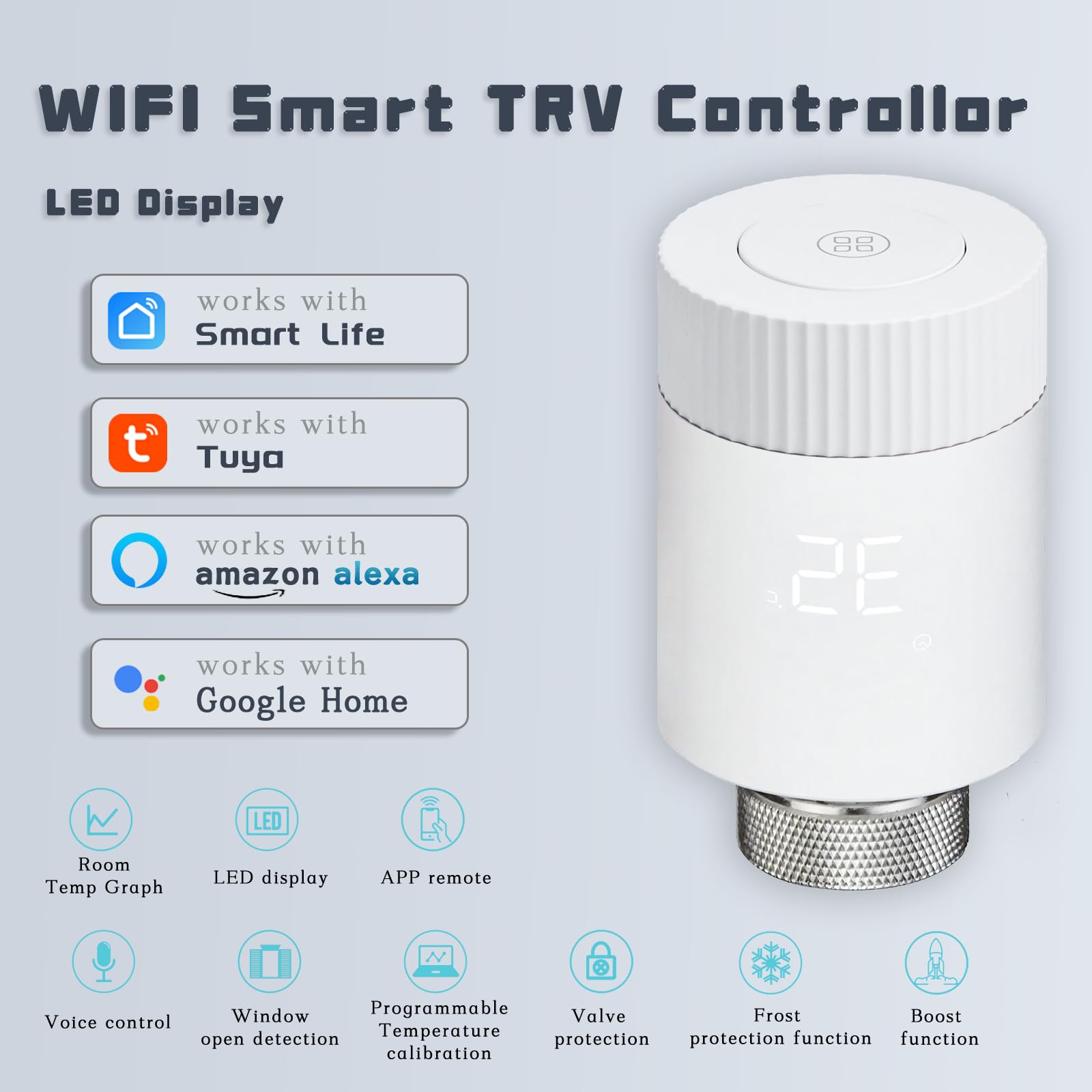 Termostato intelligente per termosifone, valvola termostatica LED, WiFi, termostato programmabile, controllo del riscaldamento, compatibile con Alexa/Google Home/Tuya/Smart Life