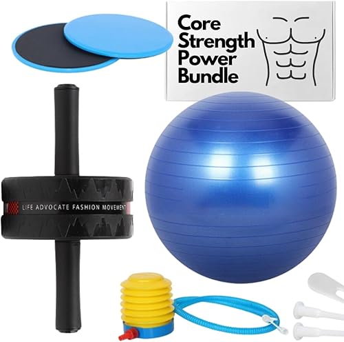 Core Strength Power Bundle - Kit de fitness para abdominales en el hogar rodillo de doble rueda, pelota de ejercicio antideslizante y planeadores