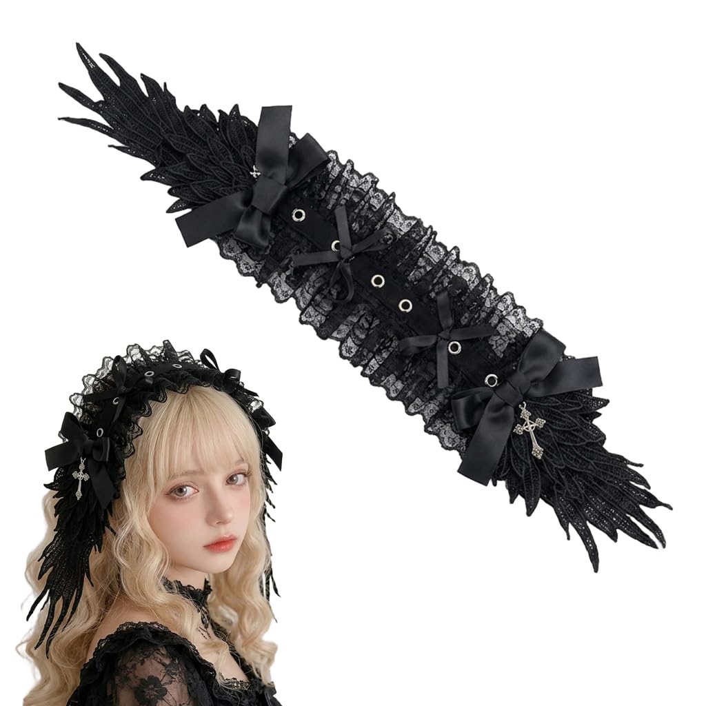 ZIRANYU® Gothic Lolita Headband Black Angel Wing Headpiece with Lace Ruffles and Satin Bows, Dark Fantasy Hair Accessory with Cross Charm for Harajuku Cosplay Halloween Lolita Outfits-image-13