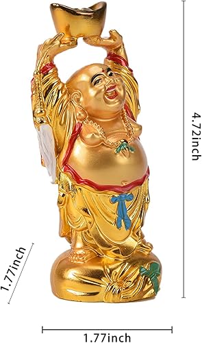 Miniatura 2 de BRABUD Resina Feng Shui Golden Laughing Buddha sosteniendo lingote estatua riqueza suerte decoración de oficina en casa regalo coleccionable 4.7 ''
