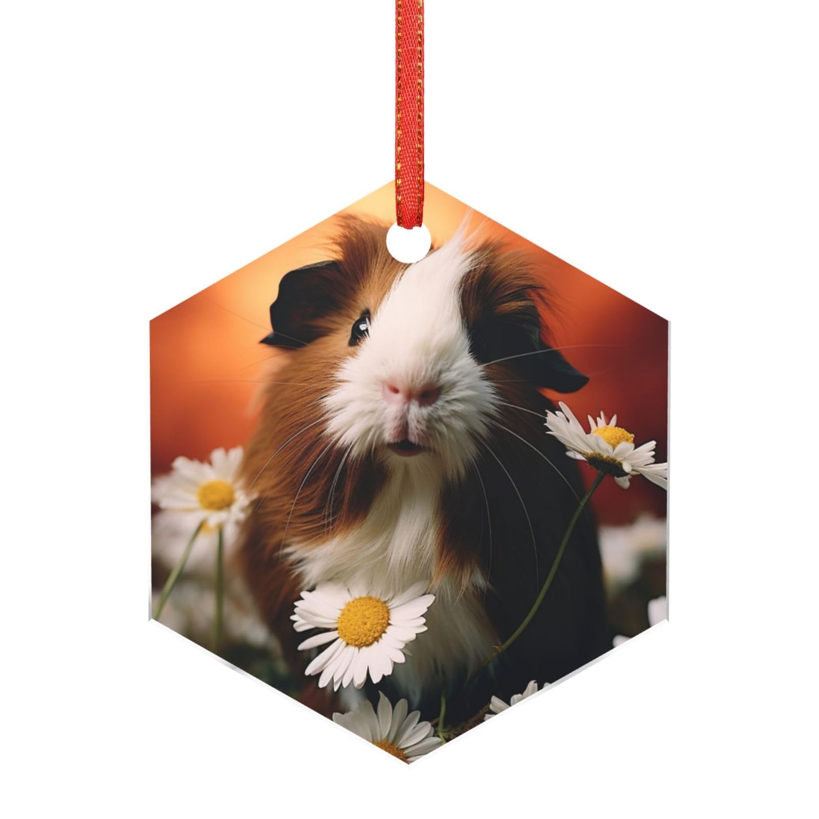 Acrylic Ornament Christmas Tree Decoration Clear Round Pendant with Red Ribbon Guinea Pig Eats Daisies Christmas Ornaments Indoor Outdoor Hanging Acrylic Pendants for Xmas Party Decor
