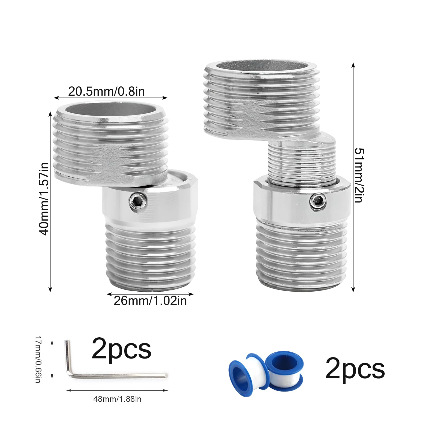DBALL 2 regulowane adaptery do baterii prysznicowej 360° obrotowy złącze S z zakrzywioną podstawą 2 klucze imbusowe do łazienki i kuchni (srebrna średnica 26 mm)