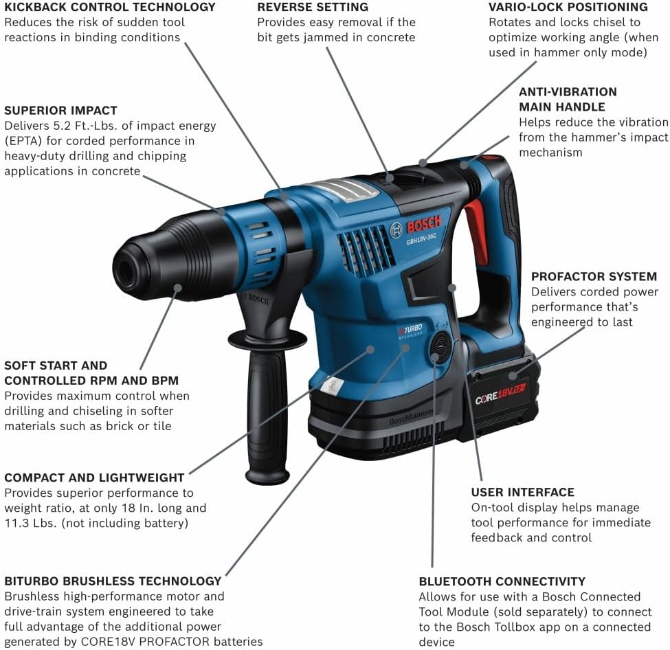 Bosch GBH18V-36CK27 PROFACTOR™ 18V Connected-Ready SDS-max® 1-9/16 In. Rotary Hammer with (2) CORE18V® 12 Ah High Power Batteries (Renewed)