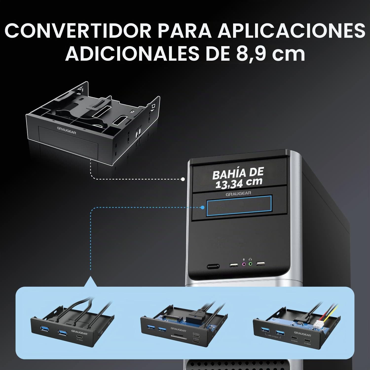 GRAUGEAR Marco de montaje para 2 unidades HDD/SSD de 2,5 pulgadas y 1 unidad de disco duro de 3,5 pulgadas en bahía de 5,25 pulgadas, panel frontal de 5,25 pulgadas, G-CV-235T525