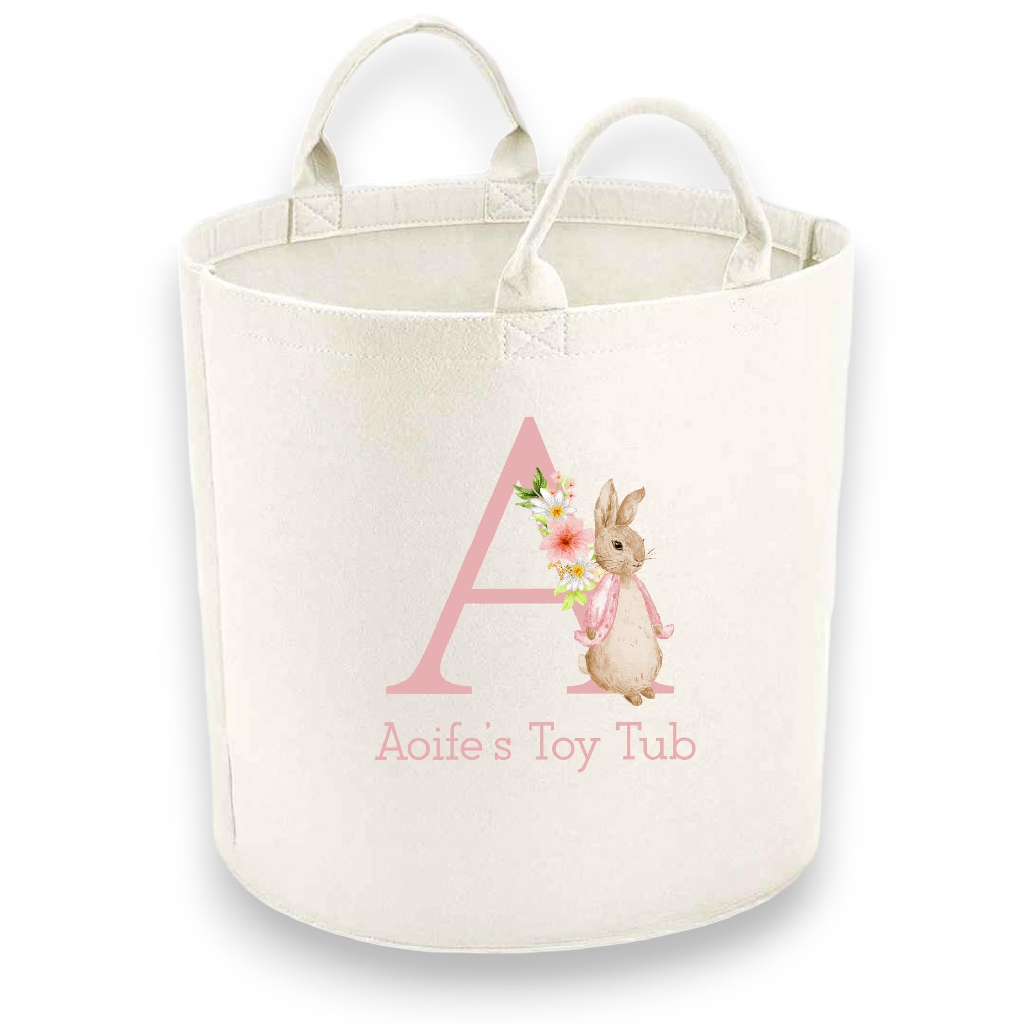 Personalised Child Felt Toy Tub with Dusky Pink Initial and Rabbit Print (Various Sizes) (Medium: 40cm x 40cm) Toy Storage Tub | Laundry Basket (Medium (40x40cm))