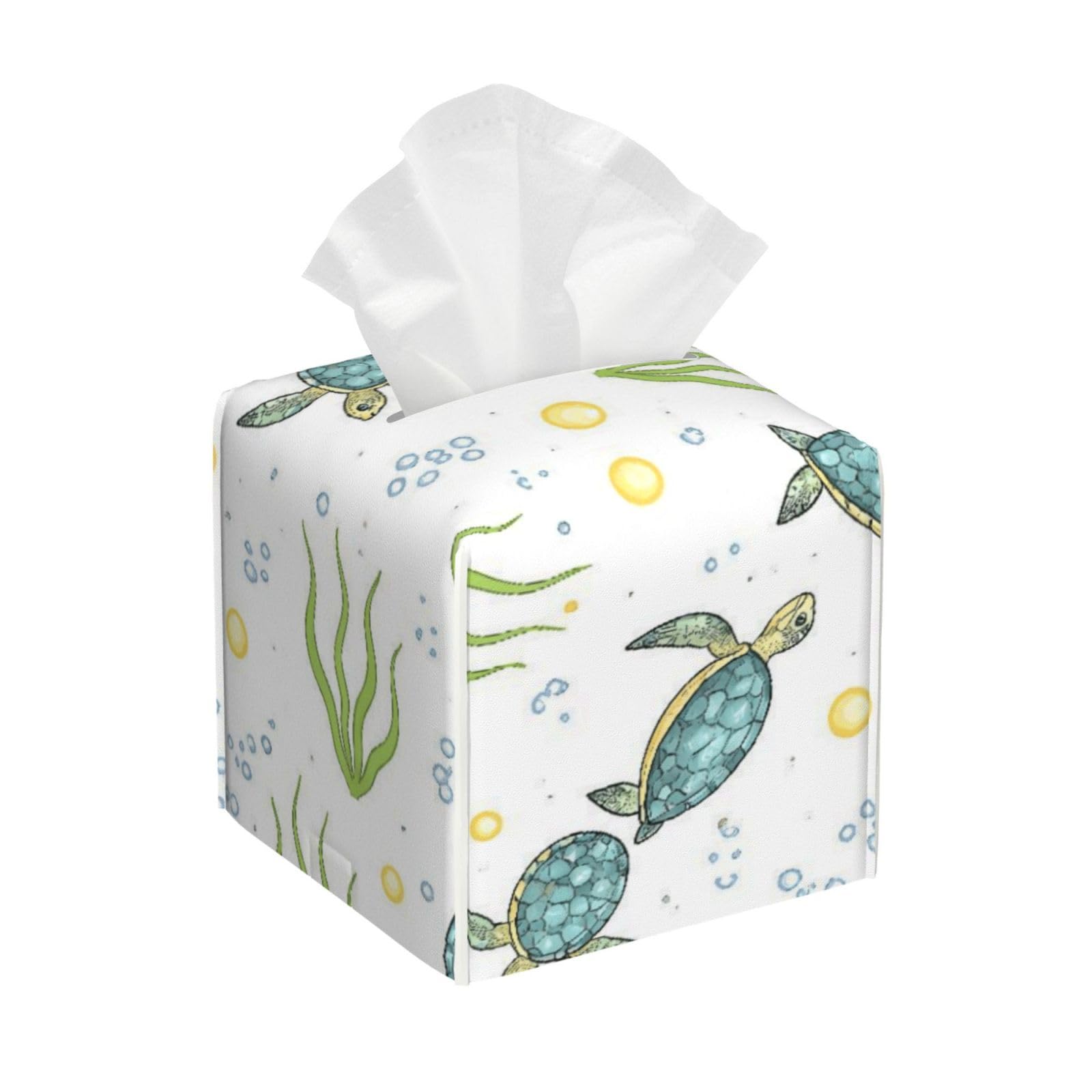 Watercolor Sea Turtles Leather Tissue Box Cover Holder Square Facial Paper Organizer 5.2" X 5.2" X 5.2"