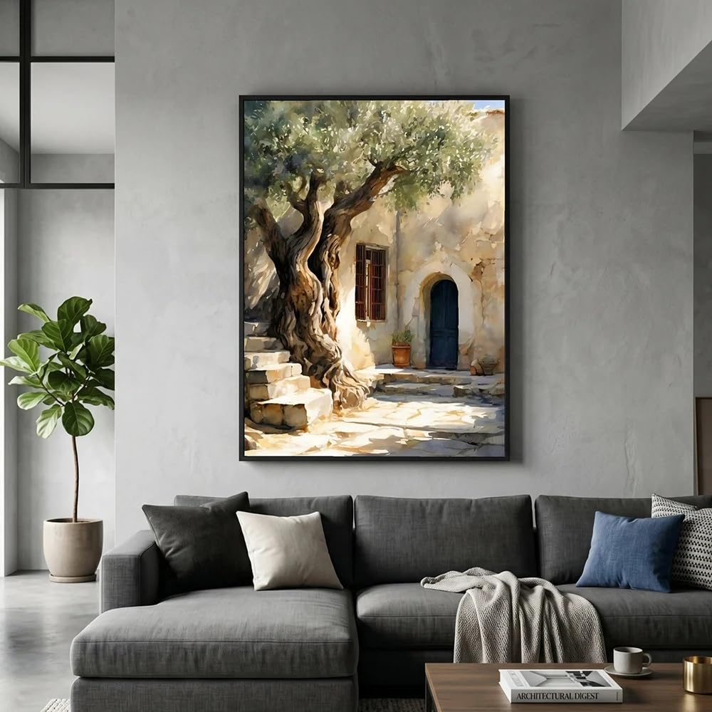 Dittelle Quadro su tela con cortile rustico mediterraneo, albero d'ulivo, scalinata in pietra baciata dal sole, interni vintage, stampa su tela (35x50 cm/cornice interna)