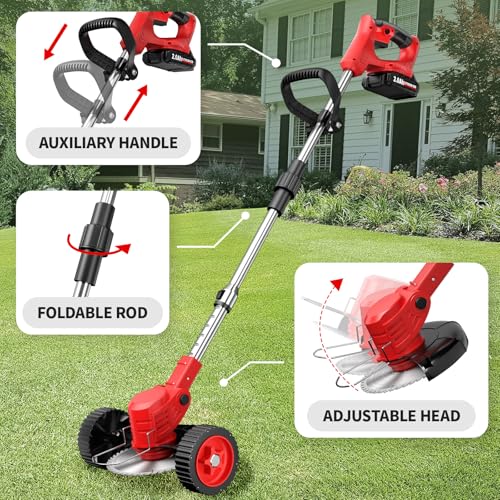 FULLYEA Cordless Weed Wacker, Electric Weed Eater with 4 Types of Blades & 2 * 2.0Ah Batteries, Lightweight Brush Cutter Foldable String Trimmer, Battery Powered Lawn Mover for Lawn Yard (Red)