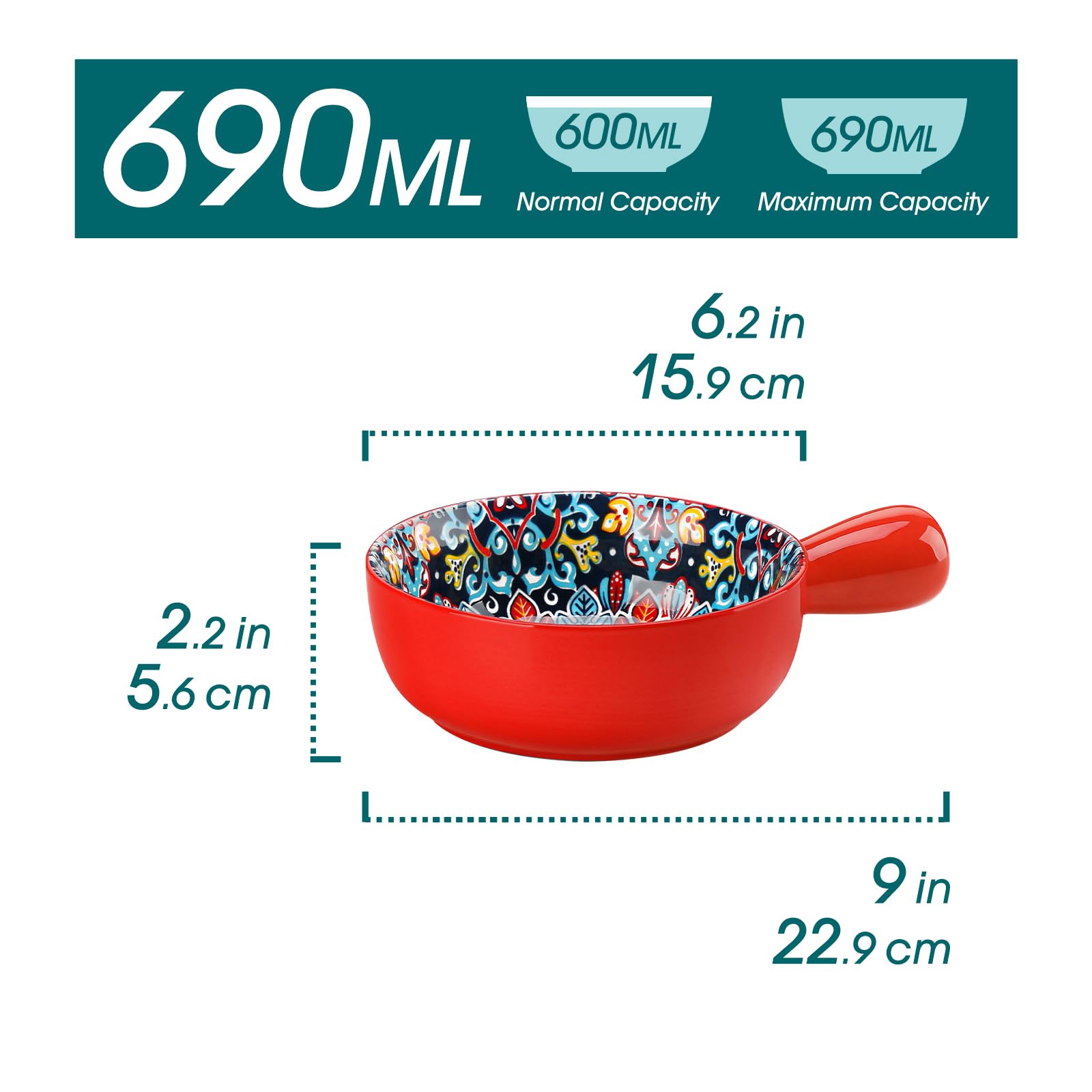 vancasso Suppenschüssel mit Griff, SIMI 690ml Suppenschalen mit Henkel, 4er Set Porzellan Müslischalen für Müsli/Pasta, Böhmischer Stil suppentassen, Keramik Suppentopf, Mikrowellen und Ofenfest