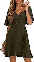 Dokotoo Women's V-Neck Smocked Waist Mini Dress: Flared Sleeves, Tiered Ruffle Hem, Belted Swing A-Line for Weddings & Summer