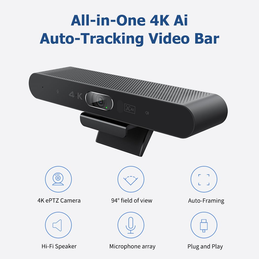 Cámara web 4K todo en uno con micrófono y altavoz, seguimiento de IA y encuadre automático, gran ángulo de visión, cámara web USB Plug and Play para PC, Mac, reuniones, equipos, zoom y Webex