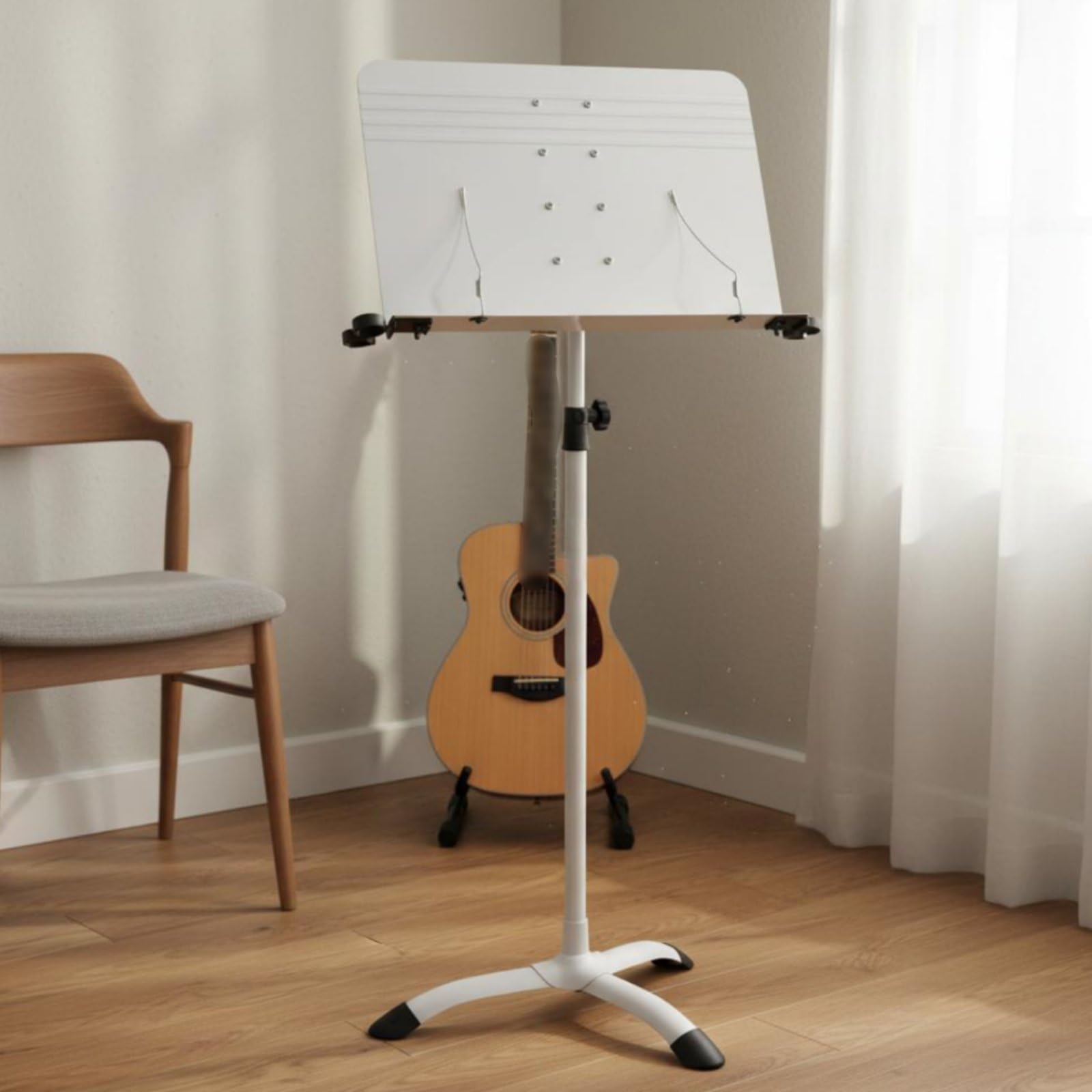 F Fityle Atril de Partituras Plegable Ajustable Soporte de Música Atril Portátil Base de Trípode Estable Materiales de Hierro y Goma Adecuado para Ensayo Clases Escenario Práctica en Casa, Blanco