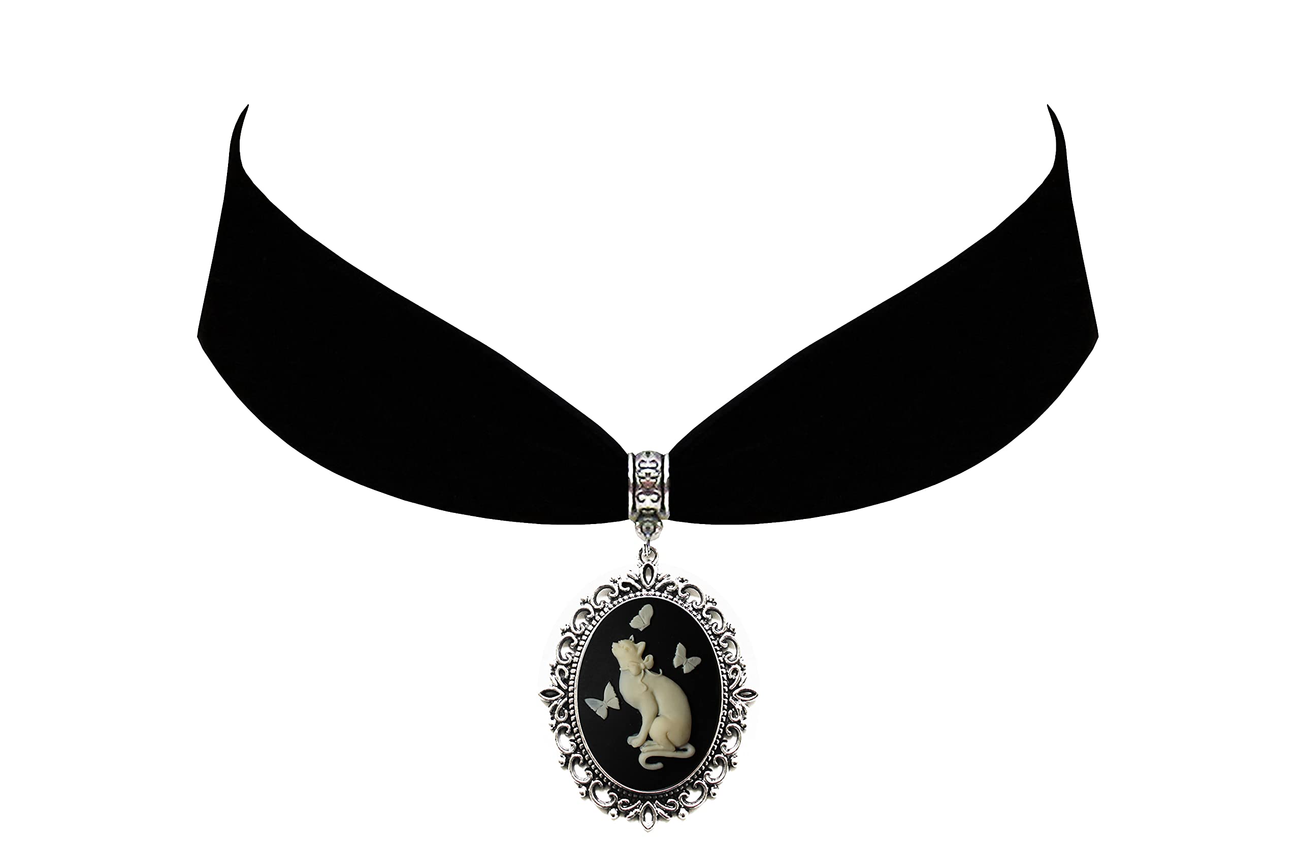 Victorian Vault Cat with Butterflies Cameo Gothic Steampunk Victorian Pendant on Choker, One Size, Resin, cameo,