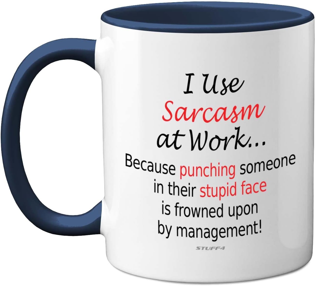 Funny Mugs for Men Women - I Use Sarcasm at Work - Novelty Desk Mug for Colleagues, Secret Santa Gifts, Christmas Birthday Present Idea, 11oz Dishwasher Safe Navy Handle