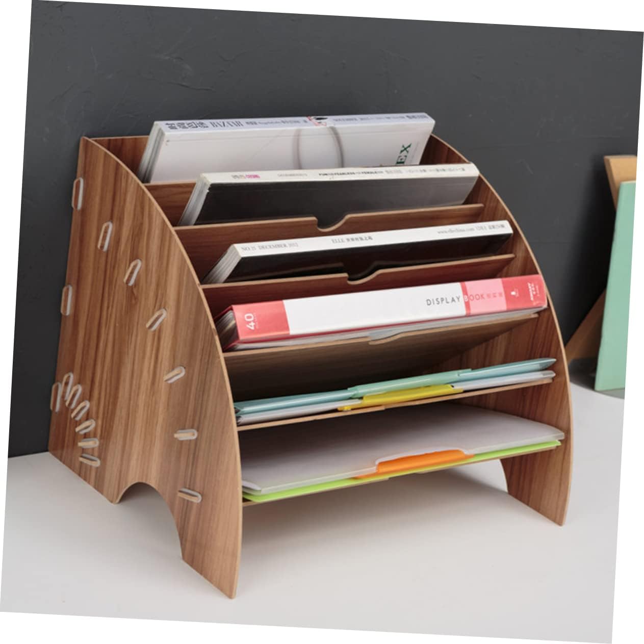 TEHAUX 1Pc Fan Shaped Wooden File Rack Storage Shelf for Study Documents Books Cherry Finish for Home Office Library Use