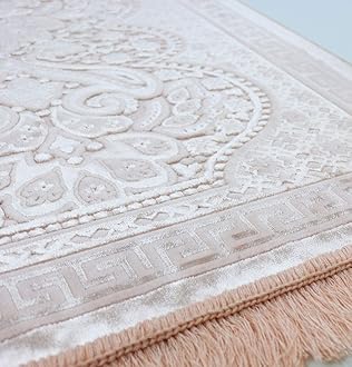 Modefa Velvet Islamic Prayer Rug with Prayer Beads Turkish Janamaz Sajadah Floral Luxury Plush (Blush Pink)